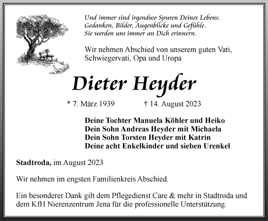 Traueranzeige von Dieter Heyder von Ostthüringer Zeitung