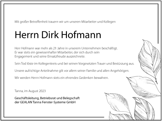 Traueranzeige von Dirk Hofmann von Ostthüringer Zeitung