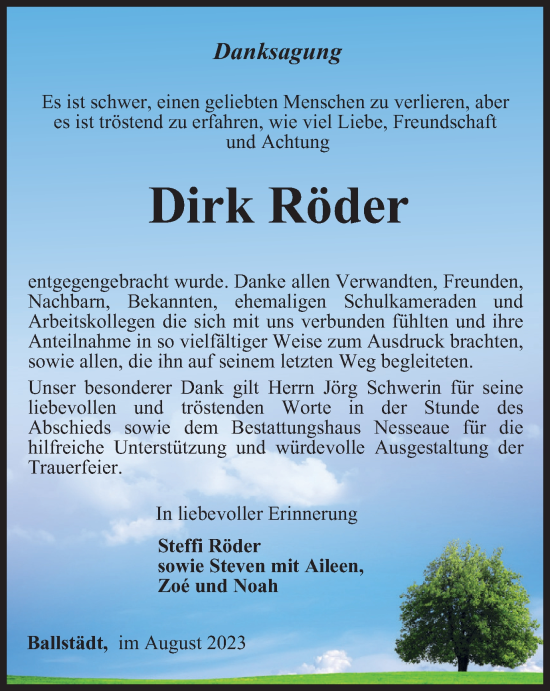 Traueranzeige von Dirk Röder von Thüringer Allgemeine, Thüringische Landeszeitung