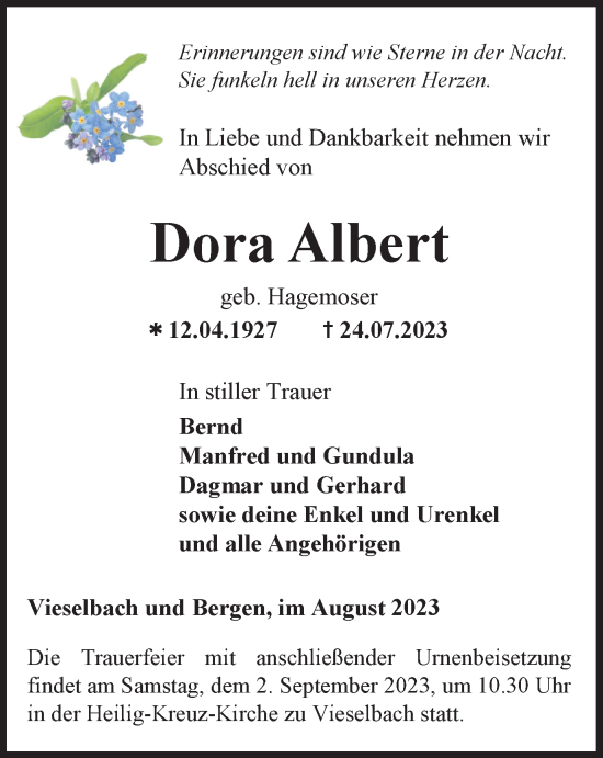 Traueranzeige von Dora Albert von Thüringer Allgemeine, Thüringische Landeszeitung