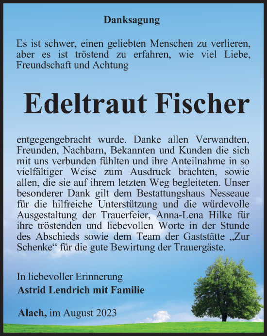 Traueranzeige von Edeltraut Fischer von Thüringer Allgemeine, Thüringische Landeszeitung