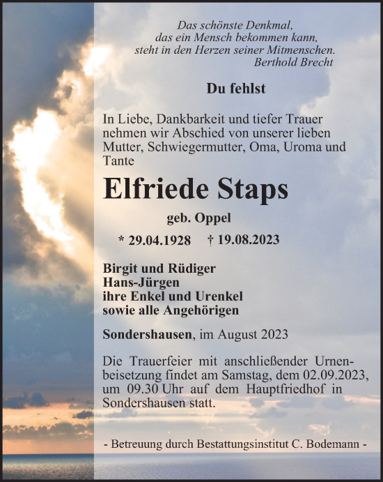 Traueranzeige von Elfriede Staps