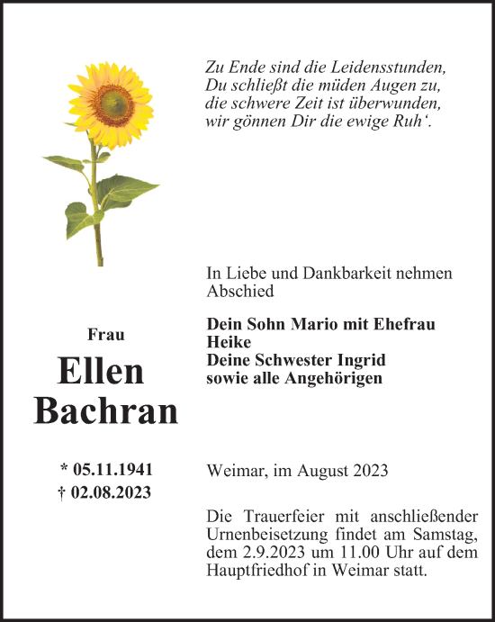 Traueranzeige von Ellen Bachran von Thüringer Allgemeine, Thüringische Landeszeitung