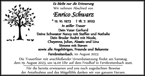 Traueranzeige von Enrico Schwarz von Thüringer Allgemeine, Thüringische Landeszeitung