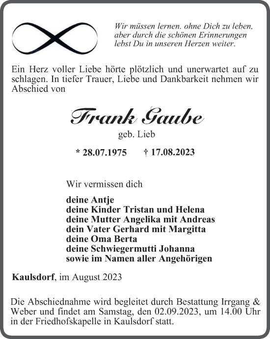 Traueranzeige von Frank Gaube von Ostthüringer Zeitung