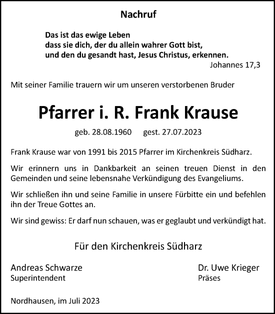 Traueranzeige von Frank Krause von Thüringer Allgemeine