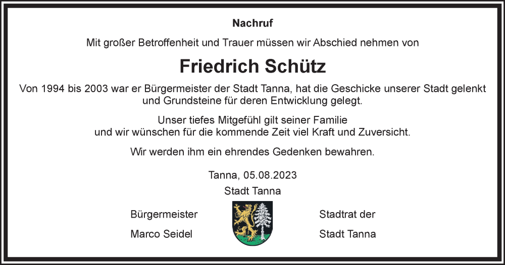 Traueranzeigen von Friedrich Schütz trauerinthueringen.de