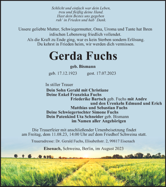 Traueranzeige von Gerda Fuchs von Thüringer Allgemeine, Thüringische Landeszeitung