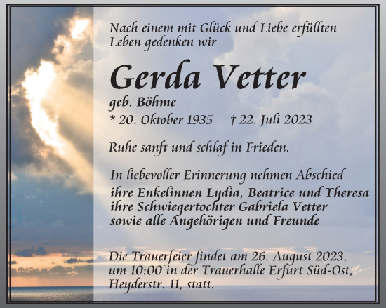 Traueranzeige von Gerda Vetter