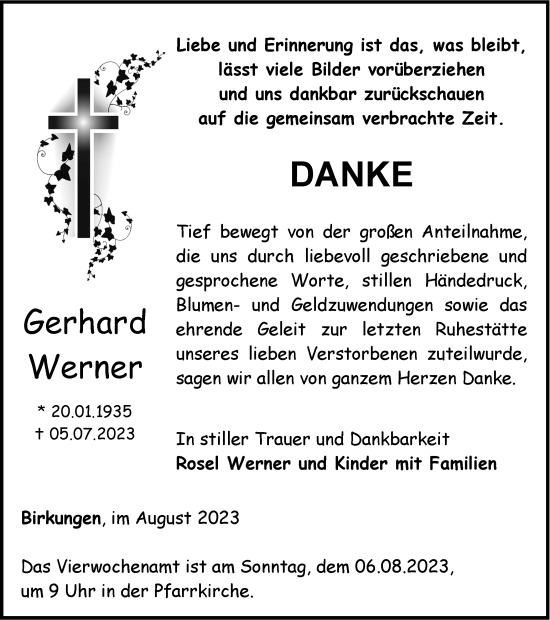 Traueranzeige von Gerhard Werner von Thüringer Allgemeine