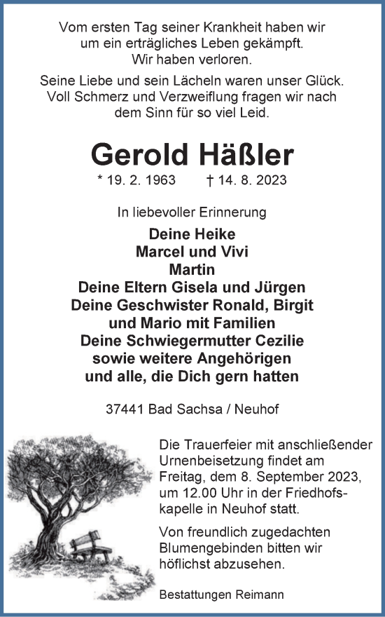 Traueranzeige von Gerold Häßler von Thüringer Allgemeine