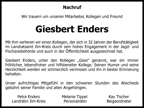 Traueranzeige von Giesbert Enders von Thüringer Allgemeine