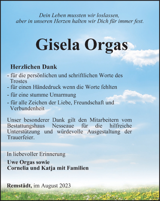 Traueranzeige von Gisela Orgas von Thüringer Allgemeine, Thüringische Landeszeitung