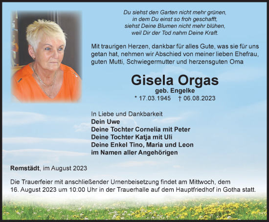 Traueranzeige von Gisela Orgas von Thüringer Allgemeine, Thüringische Landeszeitung