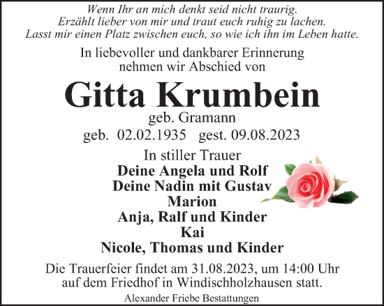 Traueranzeige von Gitta Krumbein von Thüringer Allgemeine, Thüringische Landeszeitung
