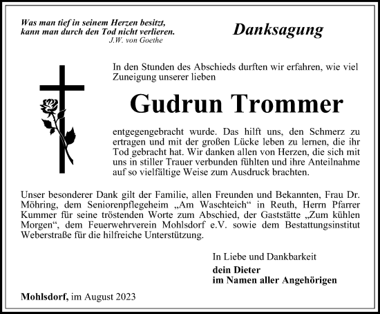 Traueranzeige von Gudrun Trommer von Ostthüringer Zeitung