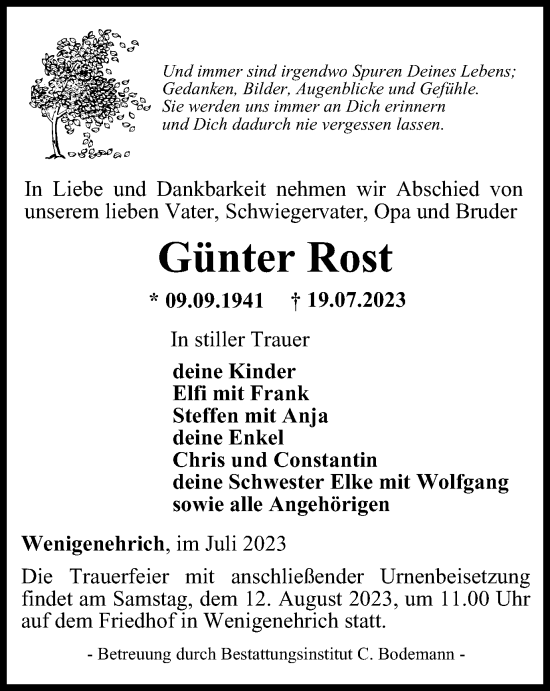 Traueranzeige von Günter Rost