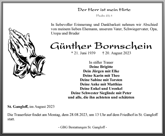 Traueranzeige von Günther Bornschein von Ostthüringer Zeitung