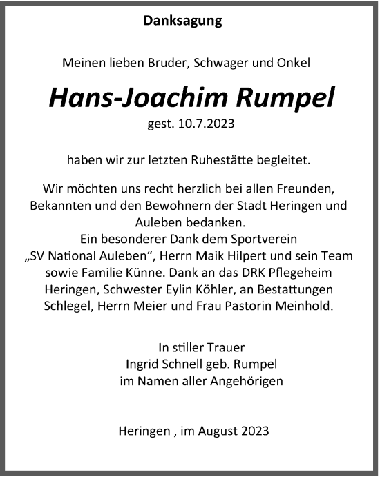 Traueranzeige von Hans-Joachim Rumpel von Thüringer Allgemeine