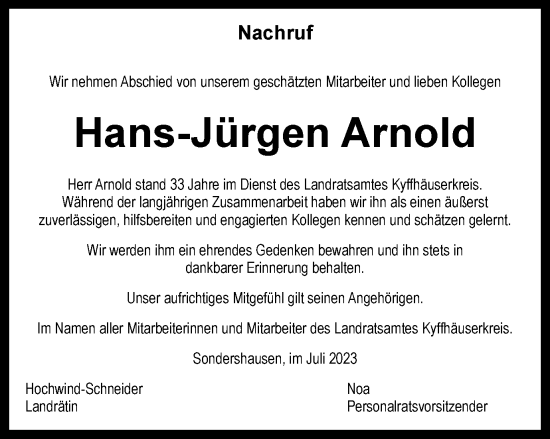 Traueranzeige von Hans-Jürgen Arnold von Thüringer Allgemeine