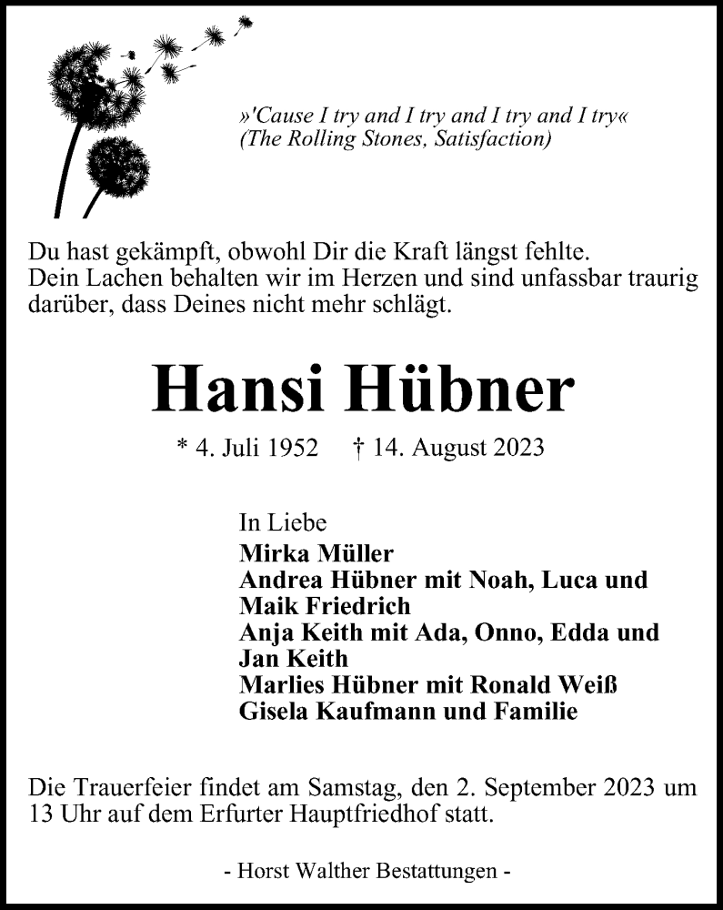  Traueranzeige für Hansi Hübner vom 26.08.2023 aus Thüringer Allgemeine, Thüringische Landeszeitung