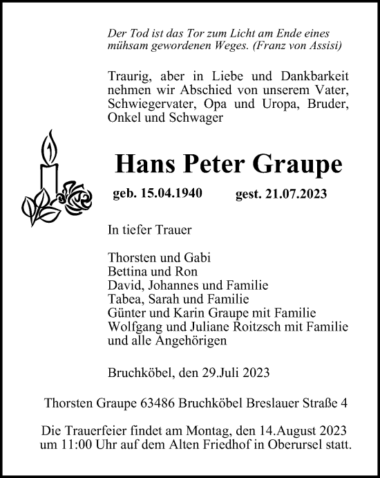 Traueranzeige von Hans Peter Graupe von Ostthüringer Zeitung, Thüringische Landeszeitung