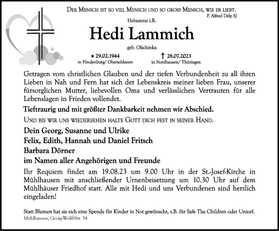 Traueranzeige von Hedi Lammich von Thüringer Allgemeine, Thüringische Landeszeitung