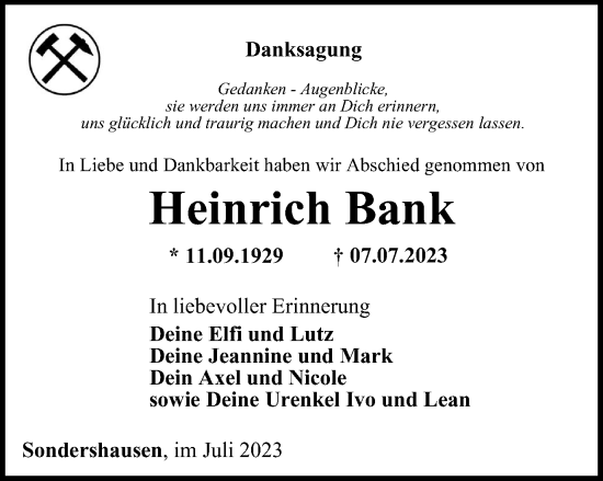 Traueranzeige von Heinrich Bank