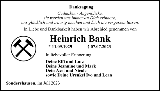 Traueranzeige von Heinrich Bank