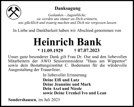 Traueranzeige von Heinrich Bank