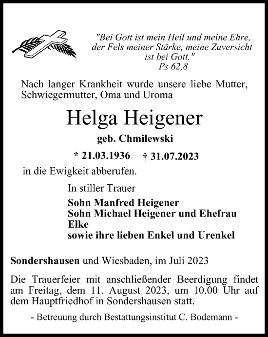 Traueranzeige von Helga Heigener