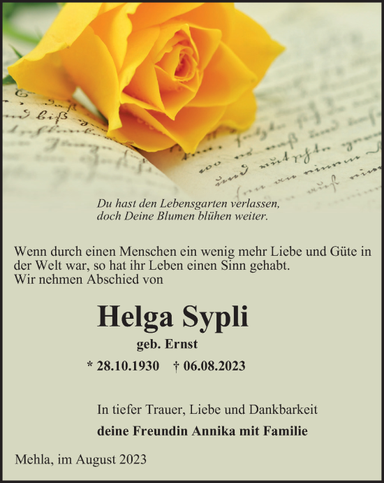 Traueranzeige von Helga Sypli von Ostthüringer Zeitung