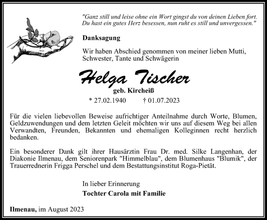 Traueranzeige von Helga Tischer von Thüringer Allgemeine