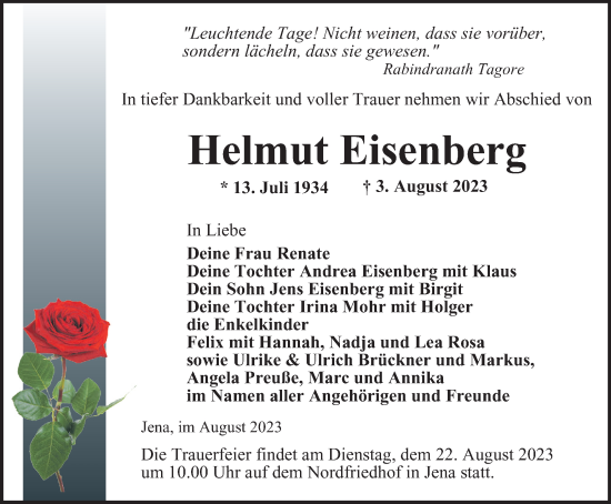 Traueranzeige von Helmut Eisenberg von Ostthüringer Zeitung, Thüringische Landeszeitung