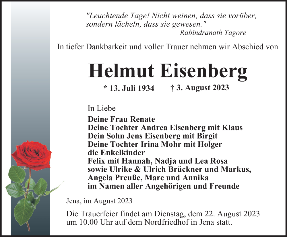  Traueranzeige für Helmut Eisenberg vom 12.08.2023 aus Ostthüringer Zeitung, Thüringische Landeszeitung