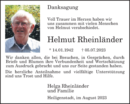 Traueranzeige von Helmut Rheinländer von Thüringer Allgemeine