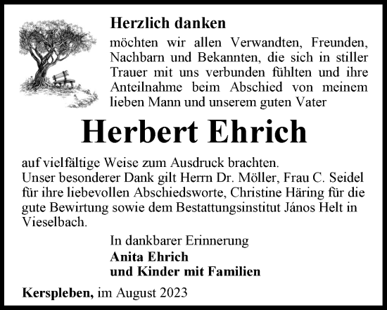 Traueranzeige von Herbert Ehrich von Thüringer Allgemeine, Thüringische Landeszeitung