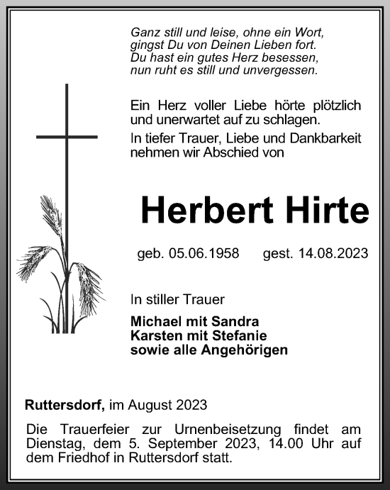 Traueranzeige von Herbert Hirte von Ostthüringer Zeitung