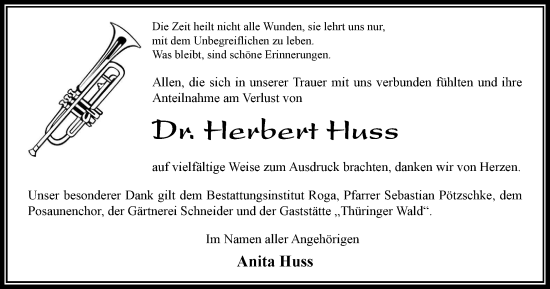 Traueranzeige von Herbert Huss von Thüringer Allgemeine