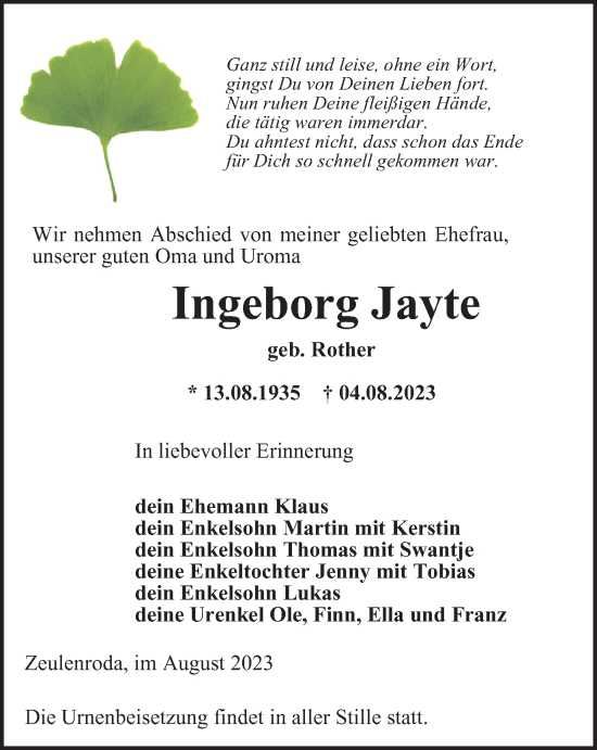 Traueranzeige von Ingeborg Jayte von Ostthüringer Zeitung