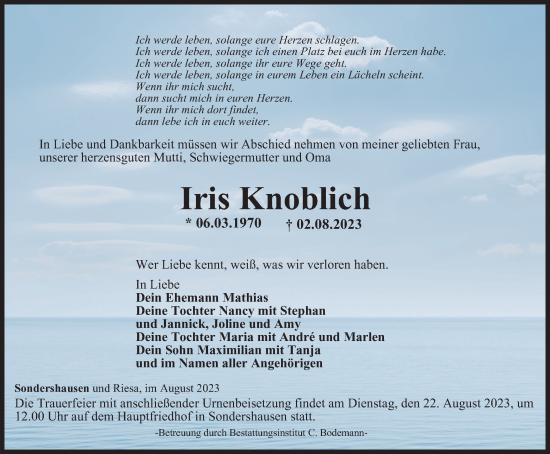 Traueranzeige von Iris Knoblich