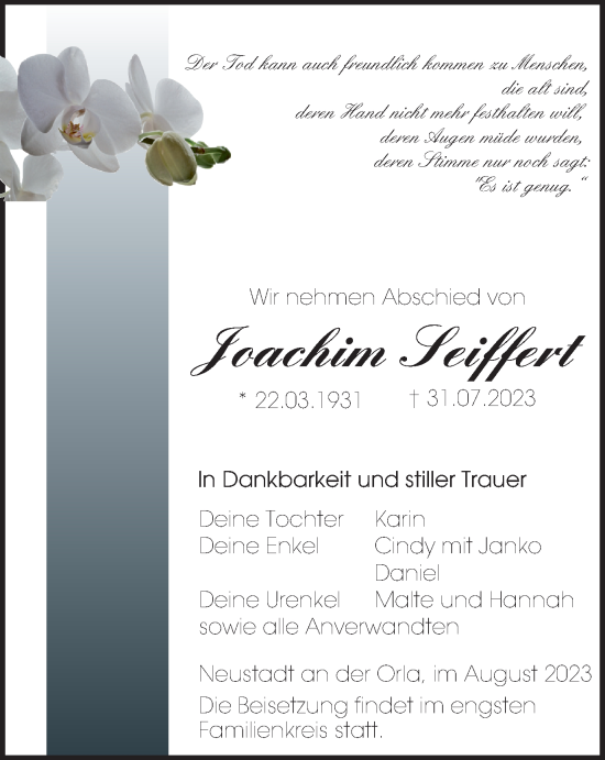 Traueranzeige von Joachim Seiffert