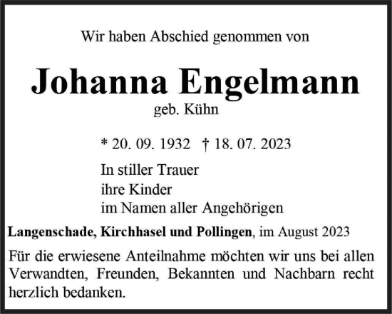 Traueranzeige von Johanna Engelmann von Ostthüringer Zeitung