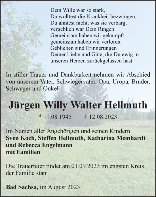 Traueranzeige von Jürgen Willy Walter Hellmuth von Thüringer Allgemeine