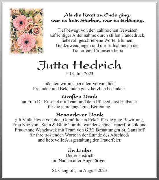 Traueranzeige von Jutta Hedrich von Ostthüringer Zeitung