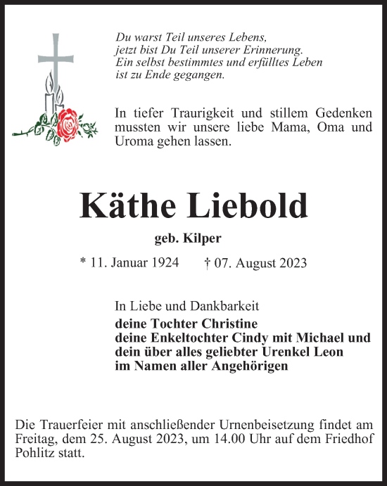 Traueranzeige von Käthe Liebold von Ostthüringer Zeitung