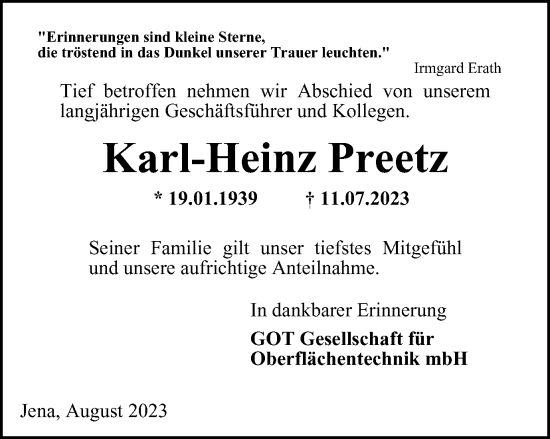 Traueranzeige von Karl-Heinz Preetz von Ostthüringer Zeitung, Thüringische Landeszeitung