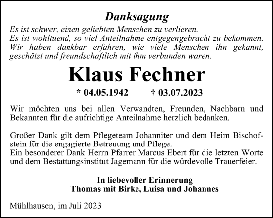 Traueranzeige von Klaus Fechner von Thüringer Allgemeine, Thüringische Landeszeitung