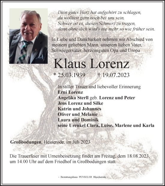 Traueranzeige von Klaus Lorenz von Thüringer Allgemeine