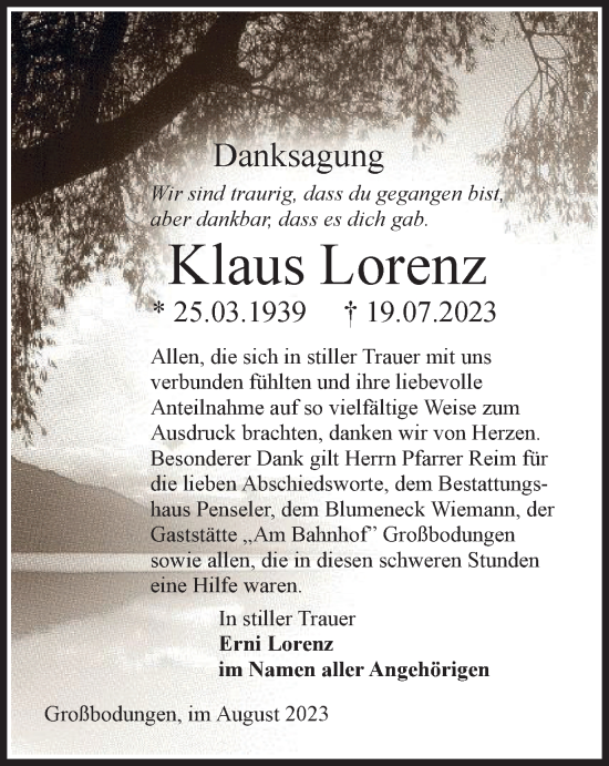 Traueranzeige von Klaus Lorenz von Thüringer Allgemeine